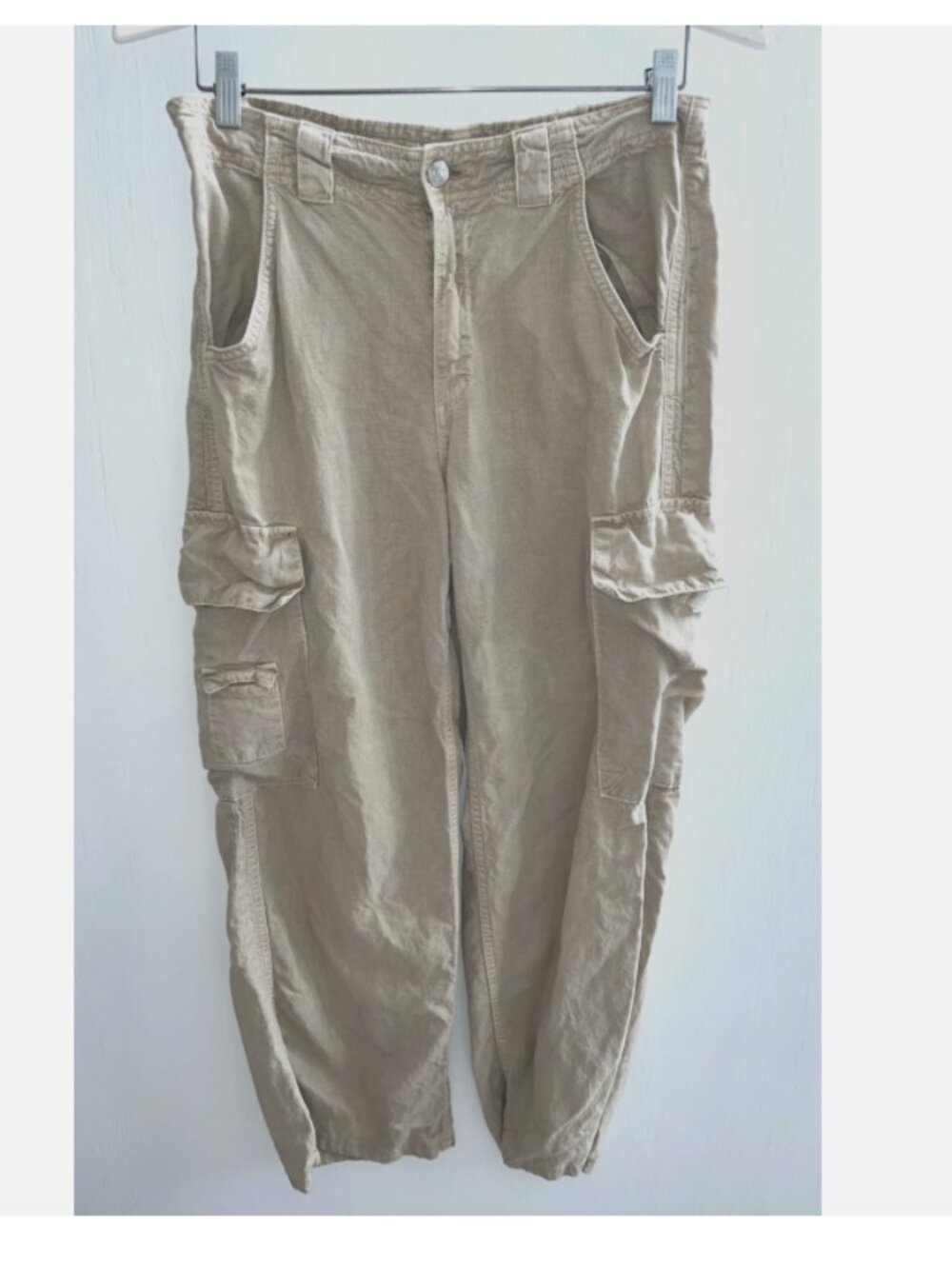ZARA Beige Linen Cargo Pants Straight Leg High Waist Casual Size 6